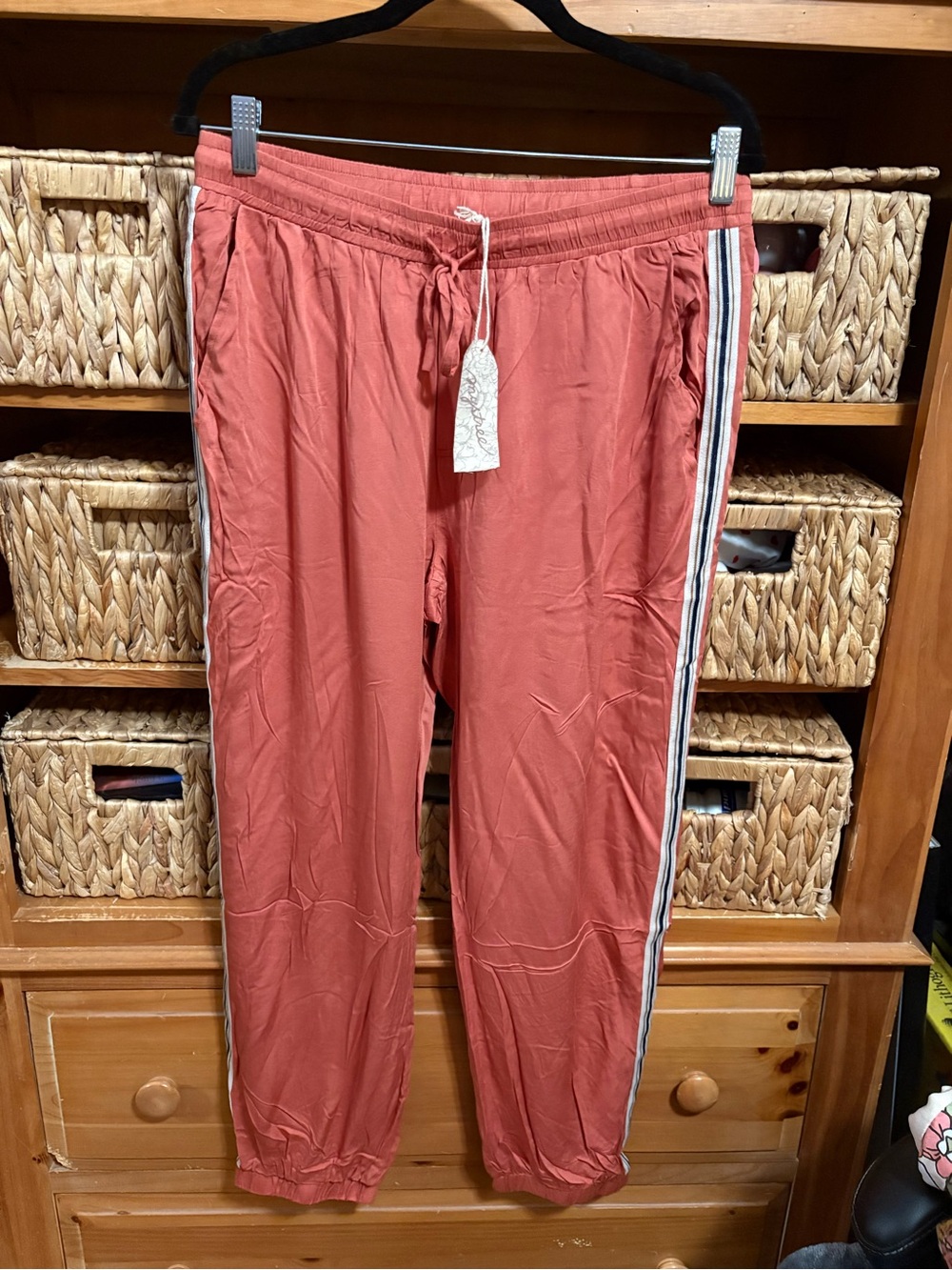 Entro Casual Drawstring Track Pants - Rust with Side Stripe NWT